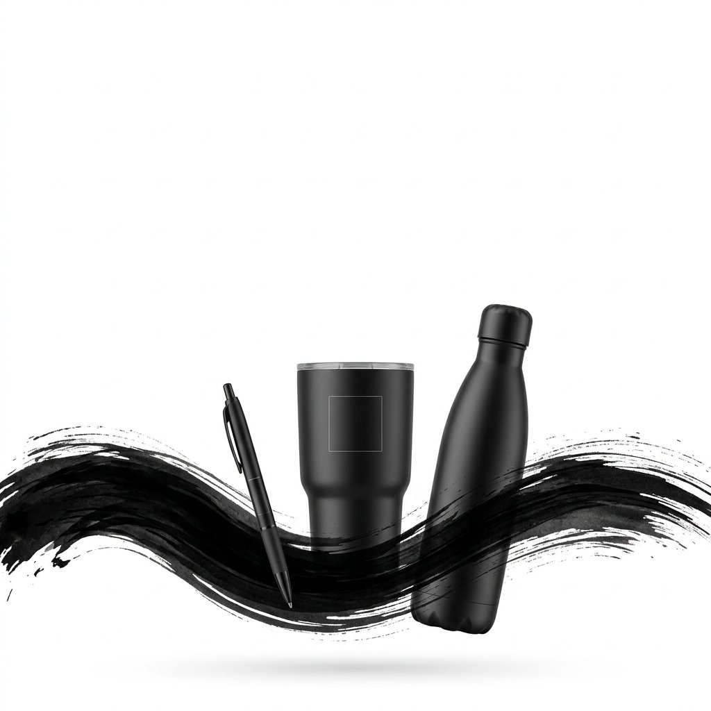 Premium black promotional pen, insulated tumbler, and reusable water bottle arranged over an abstract black brush stroke on a clean white background, with open space for website headline text.