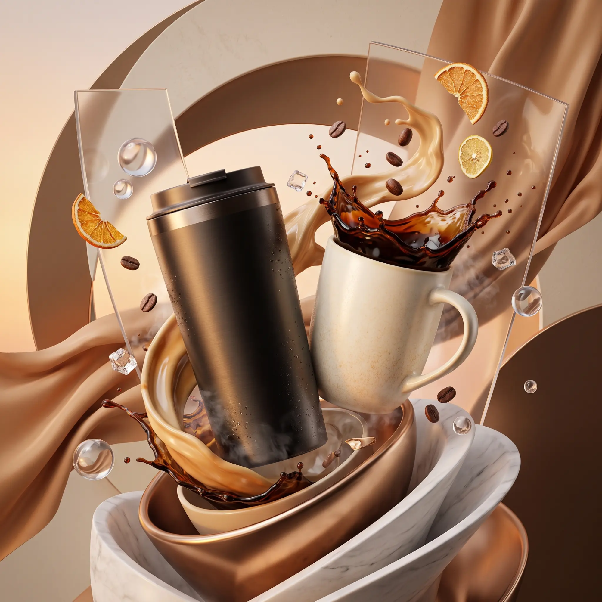 Luxury editorial drinkware composition with premium mug and insulated tumbler emerging from abstract geometric elements and coffee-inspired visuals.
