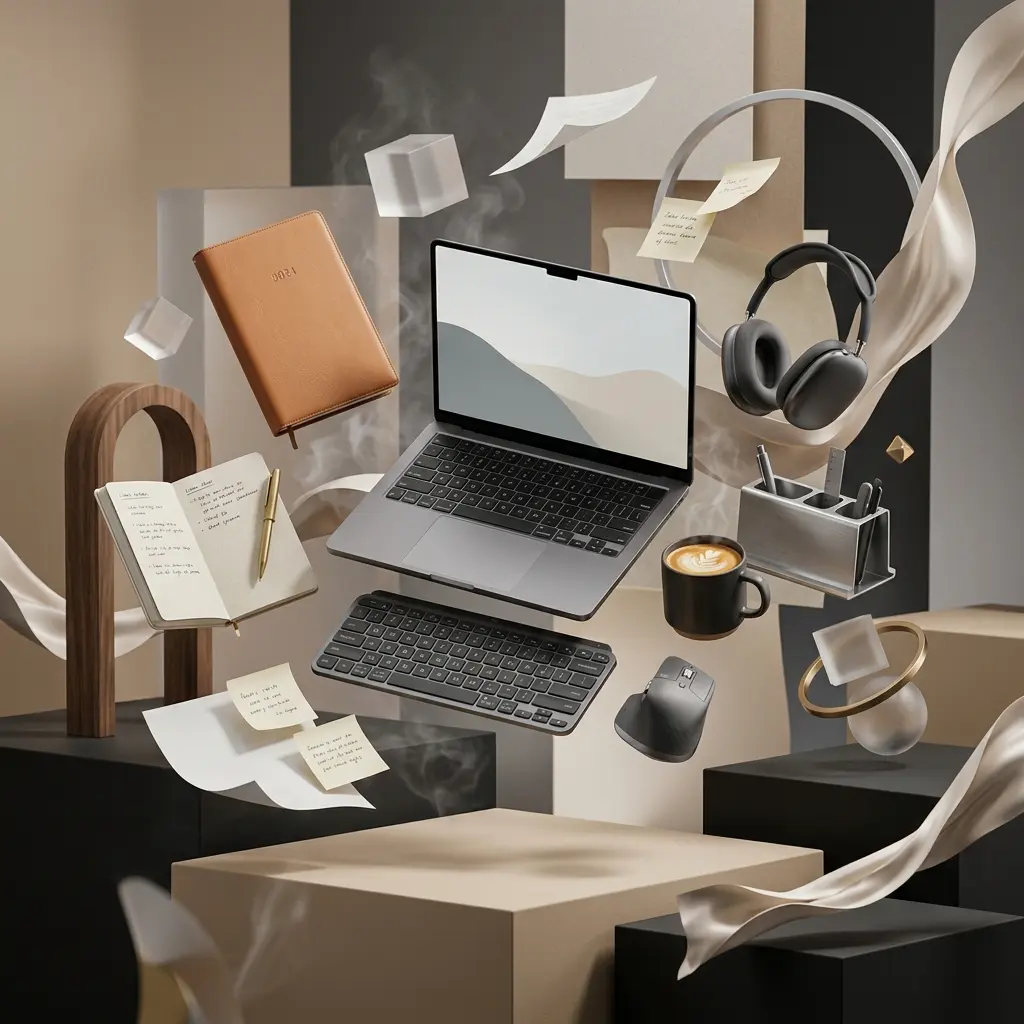 Luxury editorial composition featuring premium office desk accessories floating above abstract geometric elements in a modern minimalist workspace.