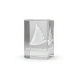 Clear rectangular crystal block paper weight featuring internal 3D laser engraving of a company logo and text.