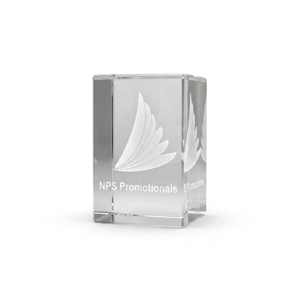 Clear rectangular crystal block paper weight featuring internal 3D laser engraving of a company logo and text.