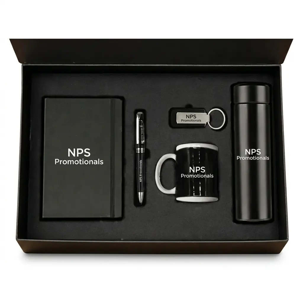 Open black presentation box revealing a matching custom-branded corporate gift set including a notebook, pen, keychain, mug, and thermal flask.