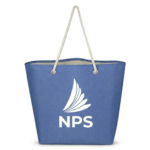 Blue jute tote bag featuring white twisted rope handles, metal eyelets, and a custom white logo printed on the front.