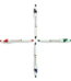 Four custom branded white barrel retractable pens with black, red, blue, and green color accents arranged in a cross pattern.