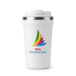 White stainless steel insulated travel cup featuring a custom printed colorful corporate logo on the front.