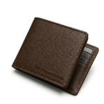 Brown bifold wallet with a pebble grain texture and visible edge stitching, partially open to reveal interior card slots.