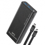 Black 20000mAh 20W portable power bank with a textured finish, dual USB ports, and a custom NPS Promotionals logo alongside a matching USB-C cable.