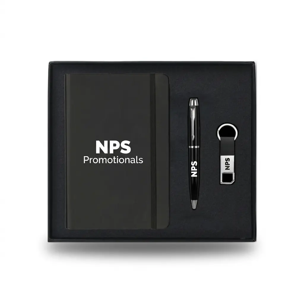 Black 3-piece custom corporate gift set inside a presentation box, featuring a branded notebook, pen, and keyring