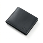 Black bifold wallet featuring a custom debossed NPS logo on the bottom right corner, resting on a plain white background.