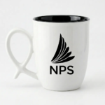White ceramic coffee mug with a Black interior, a unique twisted loop handle, and a custom white corporate logo printed on the front, displayed against a plain white background.