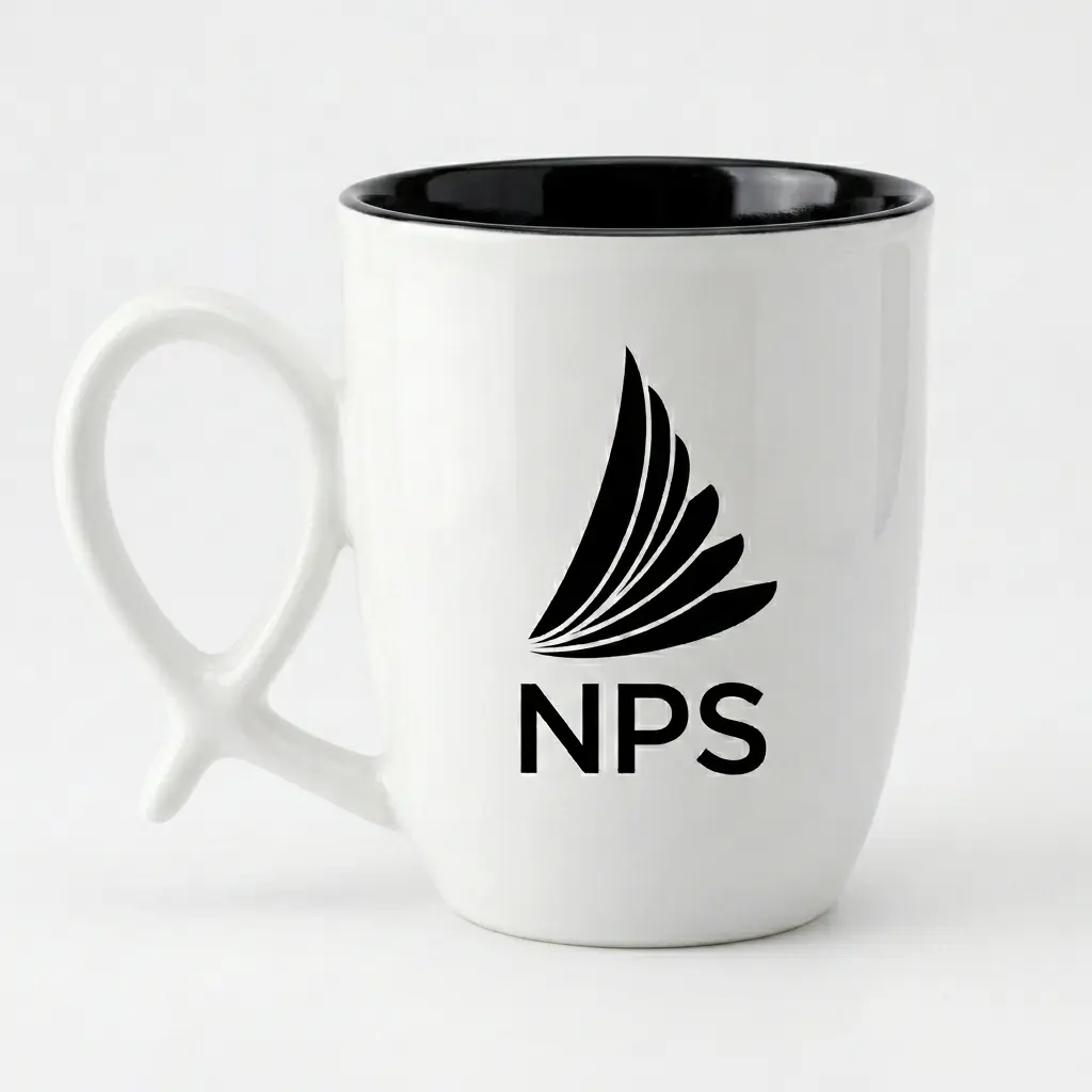 Custom Branded White Ceramic Mug White ceramic coffee mug with a Black interior, a unique twisted loop handle, and a custom white corporate logo printed on the front, displayed against a plain white background.