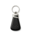 Black leather and silver metal corporate keyring featuring a custom embossed logo.