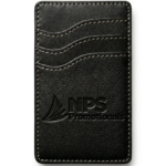 Black faux leather adhesive phone wallet with three curved slots, contrast stitching, and a debossed NPS Promotionals logo.