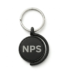 Black metal keyring featuring a rotating central disk and a silver split ring, displayed against a plain white background.