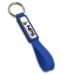 Blue silicone strap keychain featuring a custom printed corporate logo on the central plate, attached to a silver metal split ring.