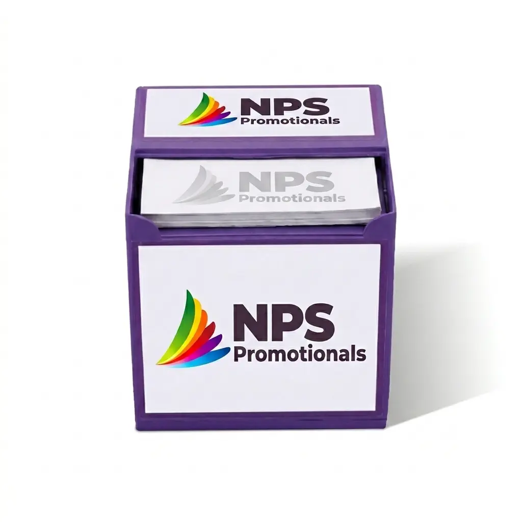 Custom Branded Memo Cube Holder Purple custom memo cube holder displaying a colourful promotional logo on its front panel and top flap, filled with branded note paper.
