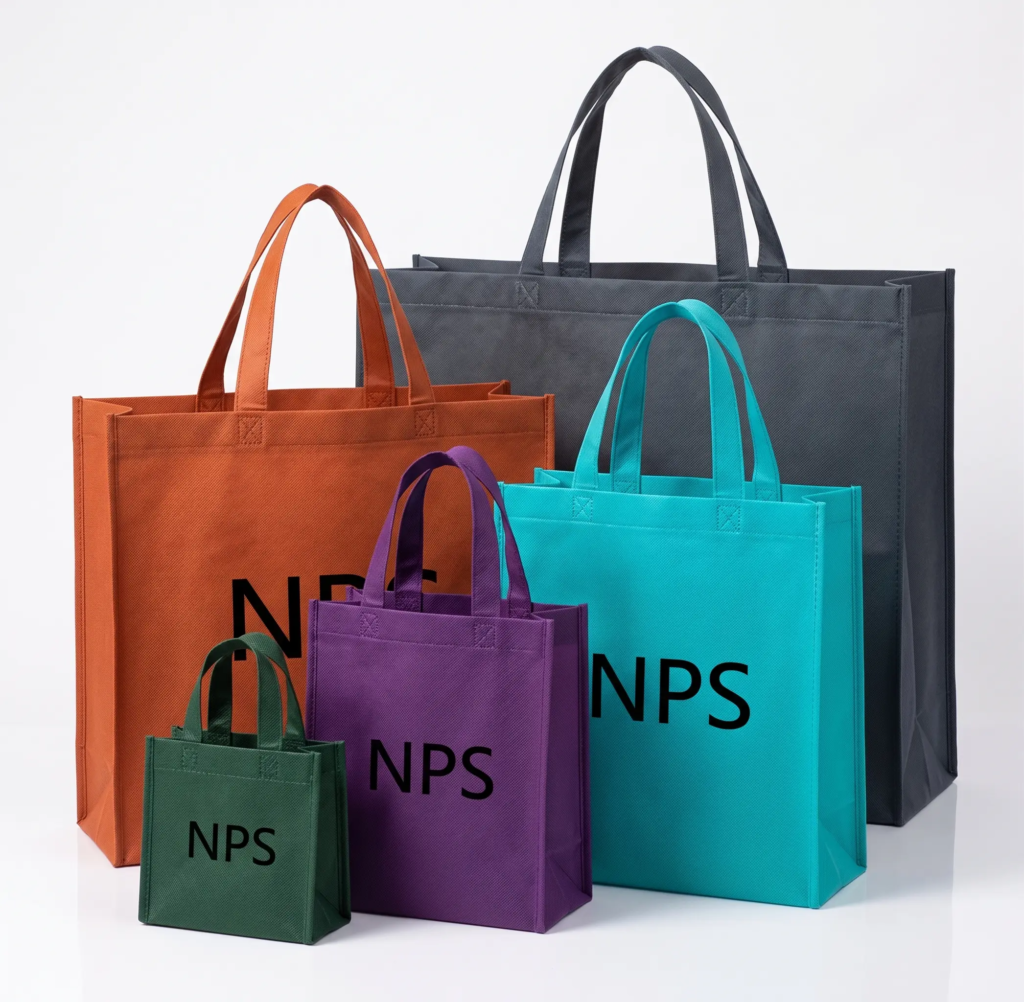 Five custom non-woven tote bags in various colours and sizes, featuring printed corporate branding on the front.