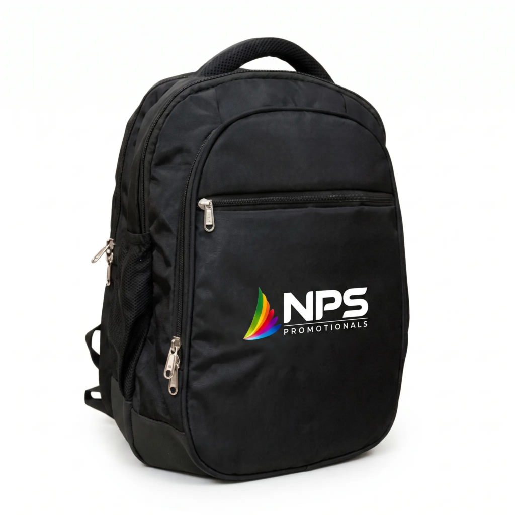Black multi-compartment custom backpack with company logo printed on the front, featuring zipped pockets and a side mesh holder.