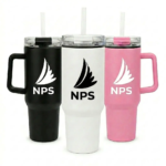 Three large travel tumblers with handles and straws in black, white, and pink, displaying a printed custom corporate logo on the front.