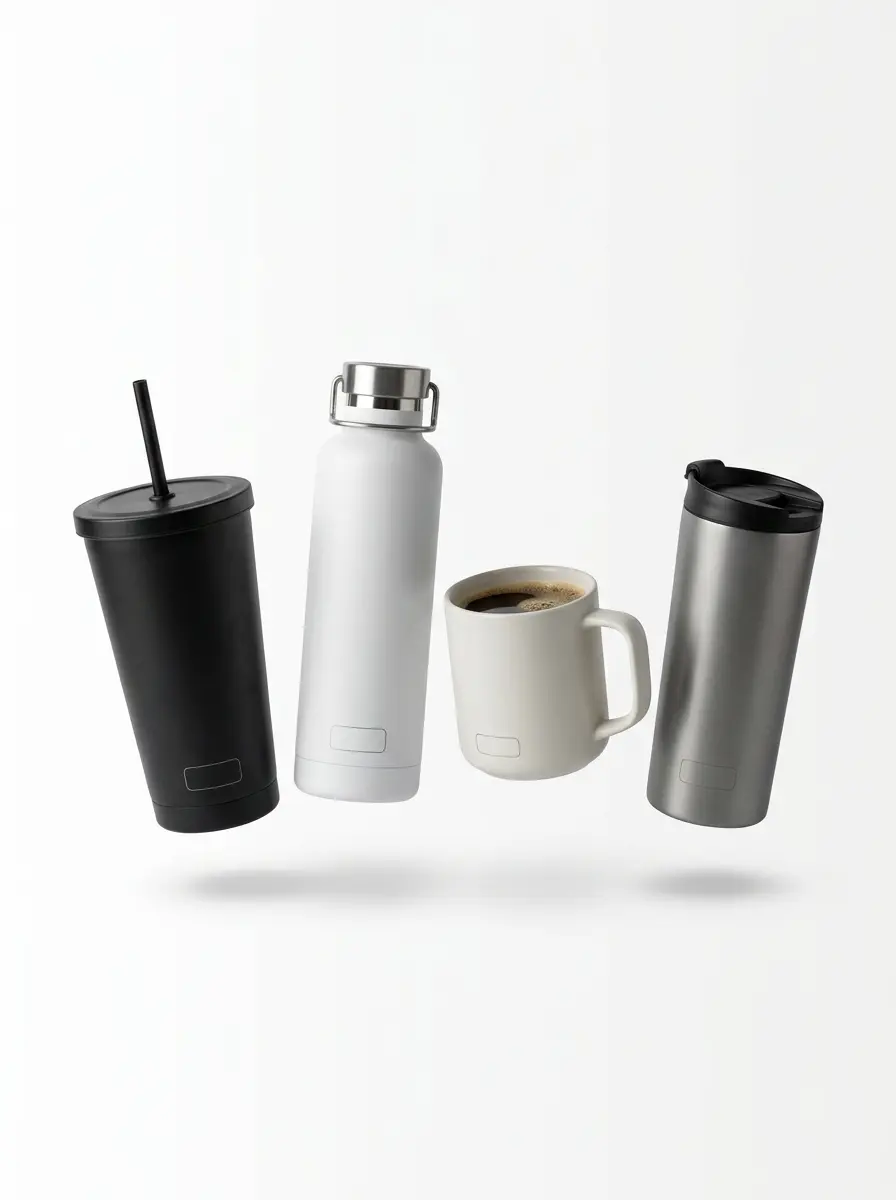 Premium custom drinkware including branded tumblers, bottles, mugs, and travel cups.