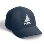 Navy blue 6-panel baseball cap featuring custom white logo embroidery on the front panel, shown on a white background.