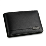 Black bifold wallet featuring stitched edges and a metal plate engraved with a logo.