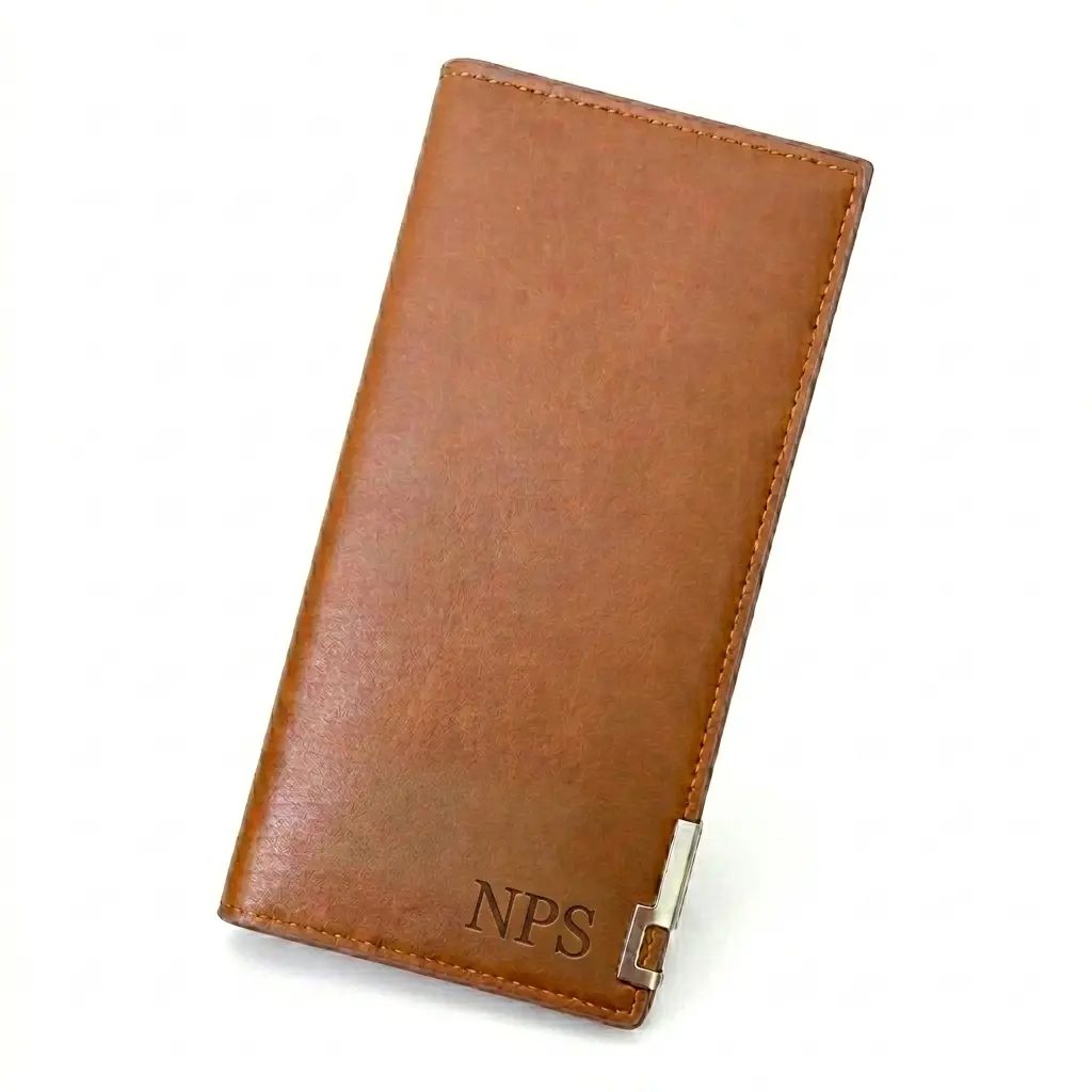 Custom Brown Executive Long Wallet Brown faux leather executive long wallet featuring a metallic edge clip and custom debossed logo on a white background.