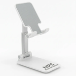 White adjustable and foldable desktop mobile phone stand featuring custom corporate logo printing on the base.