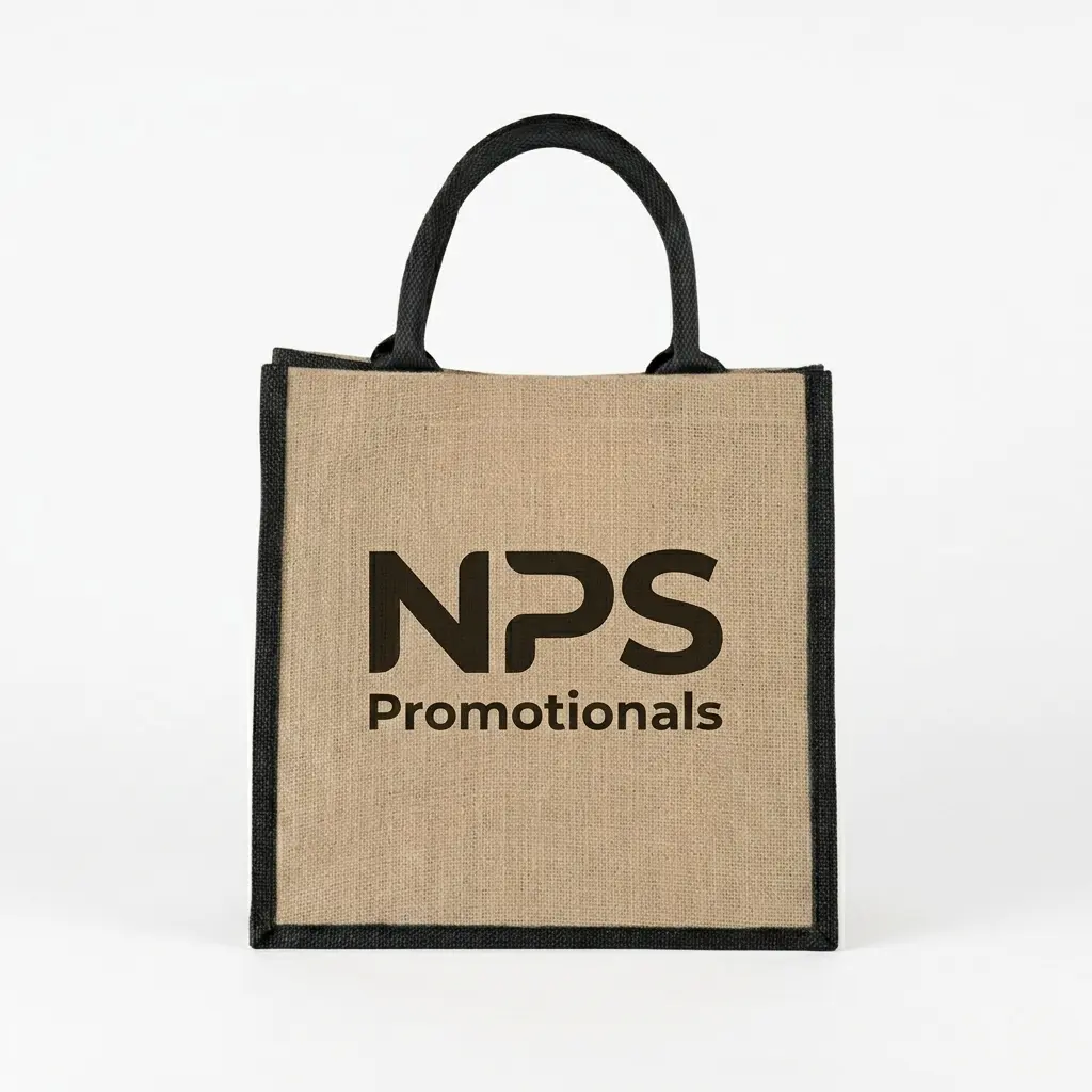 Custom Jute Tote Bag with Logo Natural jute tote bag with black trim and handles, featuring a custom printed logo on the front panel.