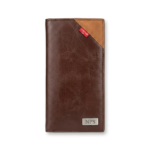 Dark brown textured leather long wallet featuring a light brown corner accent and a custom engraved metal badge on the bottom right.