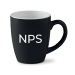 Matt black ceramic coffee mug with a white interior and custom white logo printing on the side.
