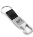 Silver metal bottle opener keyring with a black leather strap and custom engraved logo on a white background.