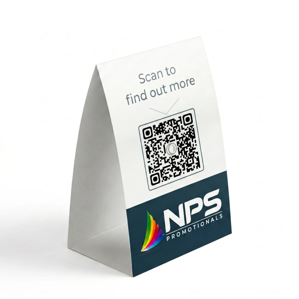 Custom printed A-frame table tent featuring a scannable QR code, promotional call to action, and company logo on a white background.