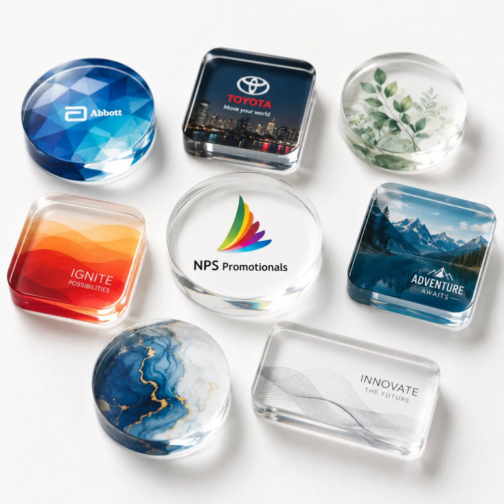 A collection of clear custom acrylic paperweights in round, square, and rectangular shapes, featuring full-color printed corporate logos and nature designs.