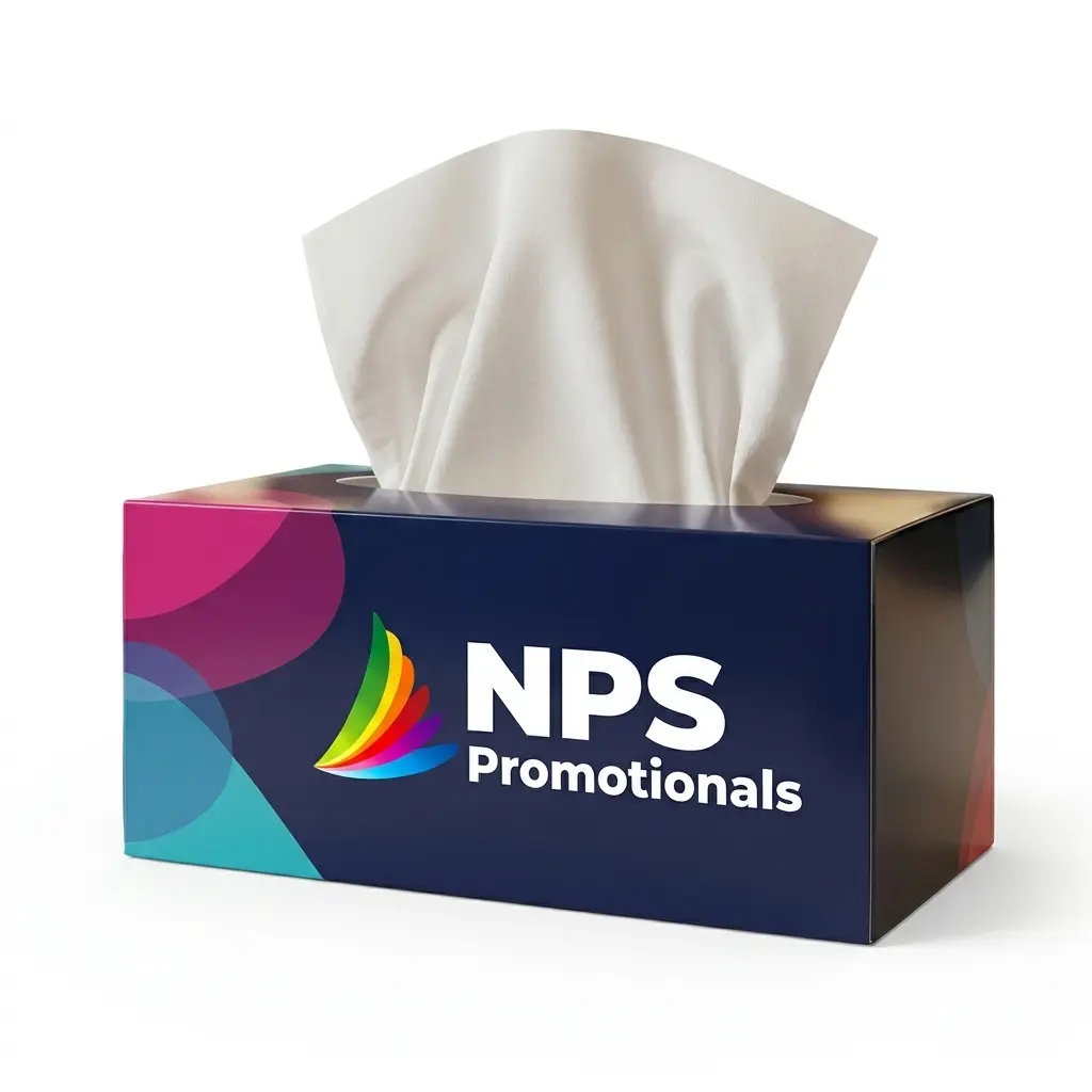 Custom Printed Branded Tissue Box A rectangular cardboard tissue box featuring edge-to-edge custom printing with a colourful geometric design and corporate logo, dispensing a single white facial tissue.