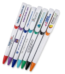 A collection of white retractable ballpoint pens featuring different coloured tips and custom printed company logos on the barrels and wide clips.