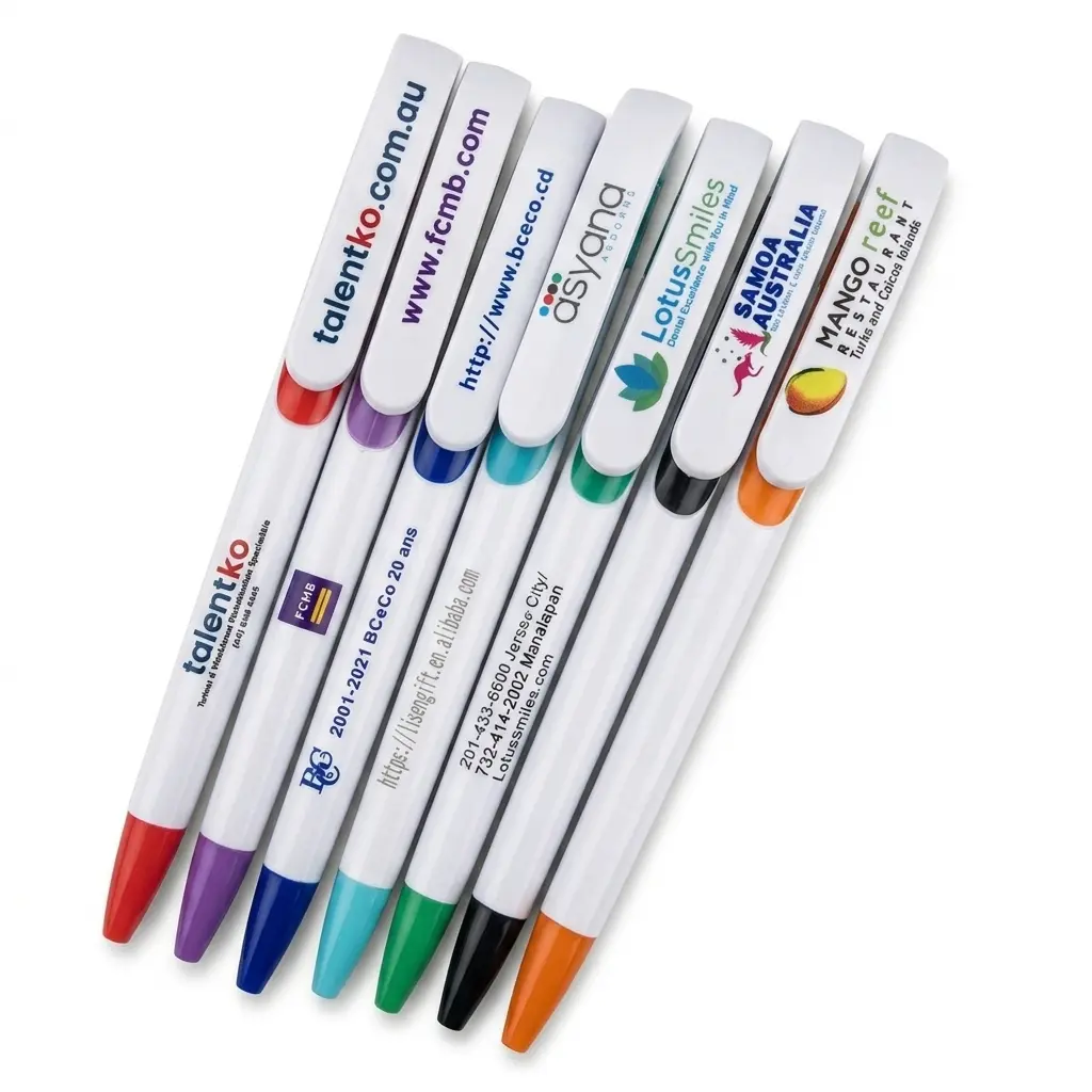 Custom Printed White Promotional Pens A collection of white retractable ballpoint pens featuring different coloured tips and custom printed company logos on the barrels and wide clips.
