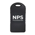 Back view of a rugged black solar power bank with a carabiner attached, displaying a custom printed promotional logo on the textured reverse side.
