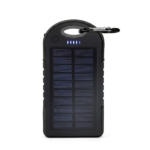Front view of a rugged black solar power bank with a carabiner attached, displaying a custom printed promotional logo on the textured reverse side.