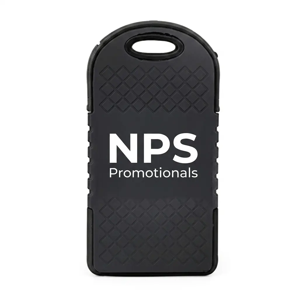 Custom Branded Solar Power Bank Back view of a rugged black solar power bank with a carabiner attached, displaying a custom printed promotional logo on the textured reverse side.