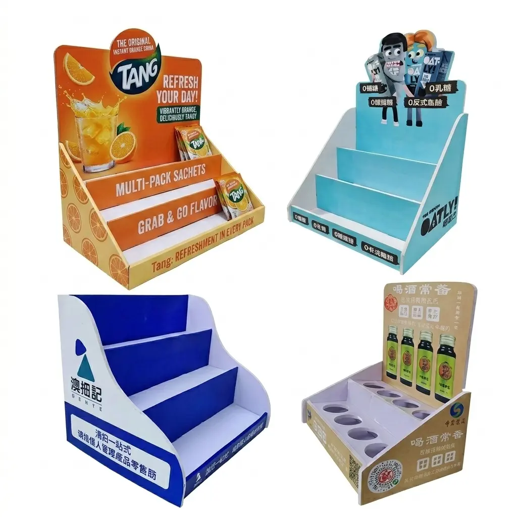 Custom Tiered POS Counter Displays Four custom printed tiered counter display units in various materials featuring branded graphics and retail products.