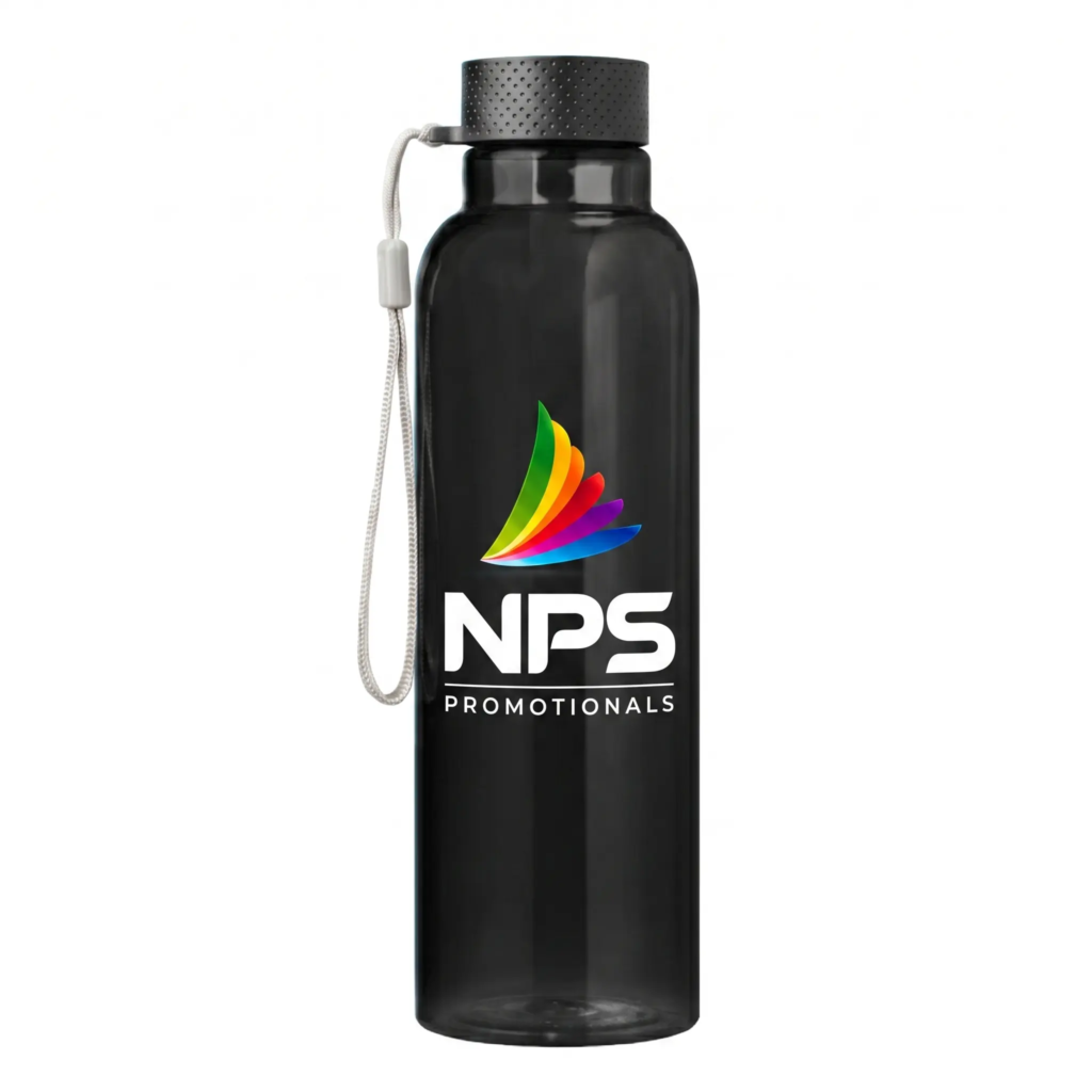 Translucent black reusable water bottle with a textured cap, light grey carry strap, and a central white placeholder indicating where a custom logo can be printed.