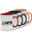Five custom two-tone ceramic mugs lined up with a white exterior and colourful interiors in red, black, blue, yellow, and pink, featuring a printed corporate logo.