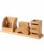 Light wood desk organizer set featuring a pen holder, business card stand, and four square wooden coasters on a white background.
