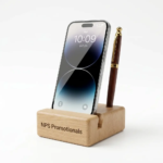 Wooden desktop phone stand with an integrated pen holder and custom engraved logo holding a smartphone.