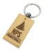 Rectangular wooden keychain attached to a metal split ring, featuring a custom laser-engraved corporate logo.
