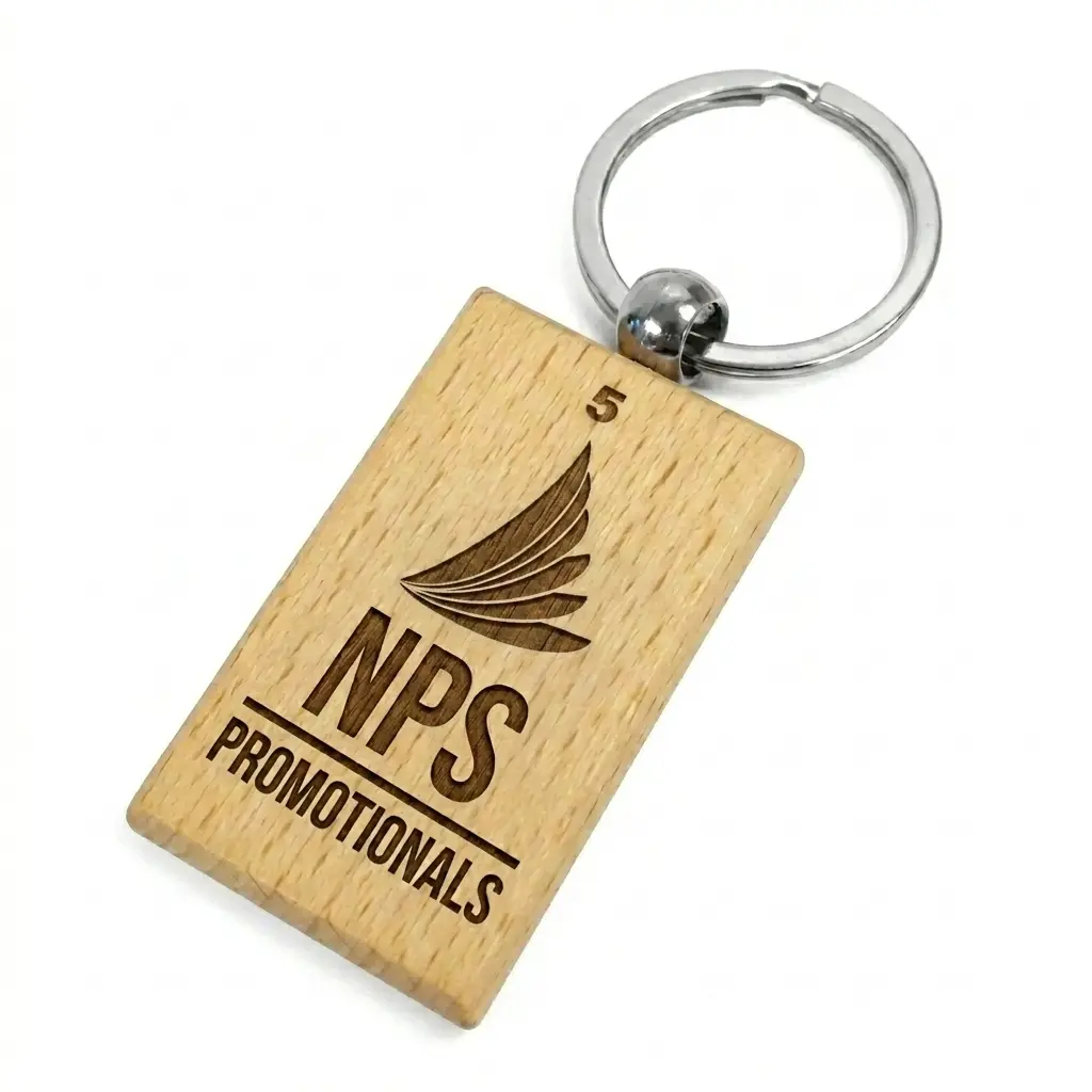 Custom Engraved Rectangular Wooden Keychain Rectangular wooden keychain attached to a metal split ring, featuring a custom laser-engraved corporate logo.