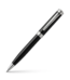 Glossy black executive ballpoint pen with silver chrome accents and a metal pocket clip resting on a white background.