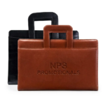 Brown and black slim PU leather document folders with integrated cut-out handles, featuring a custom embossed promotional corporate logo on the front.