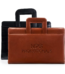Brown and black slim PU leather document folders with integrated cut-out handles, featuring a custom embossed promotional corporate logo on the front.